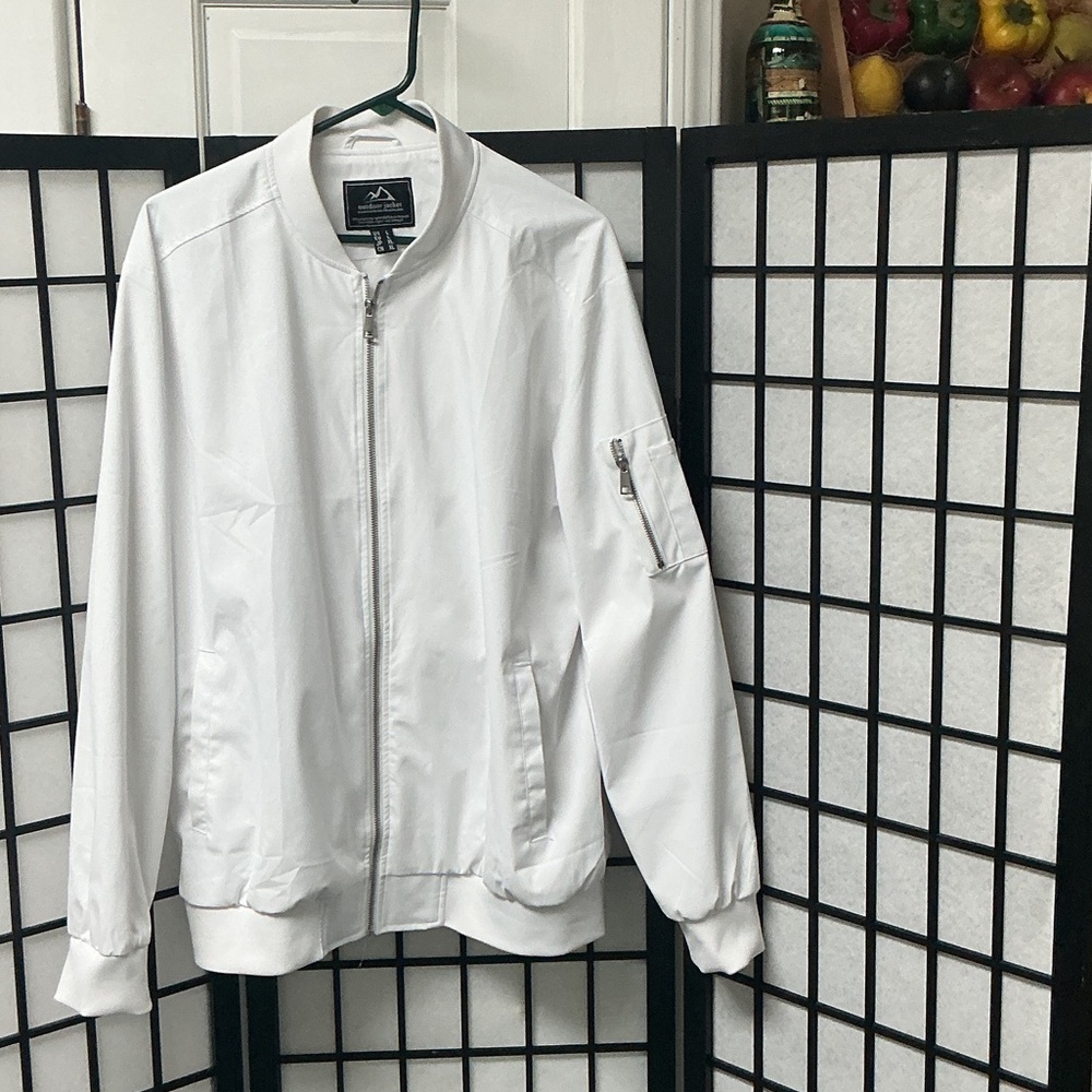 Men's White Bomber Jacket with Zip Pocket - Lightweight Casual